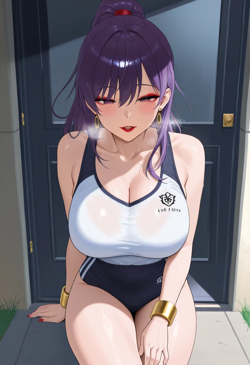 masterpiece, best quality, highly detailed, 1girl, solo, perfect anatomy, slim, red eyes, blue hair, bangs, purple hair, hair between eyes, multicolored hair, gradient hair, pink lips, thick thighs , edgCT, blouse, wearing edgCT, chic top, light smile, detailed background, outdoor, standing, sexy, sunglasses, skirt, earrings, necklace, bracelet,