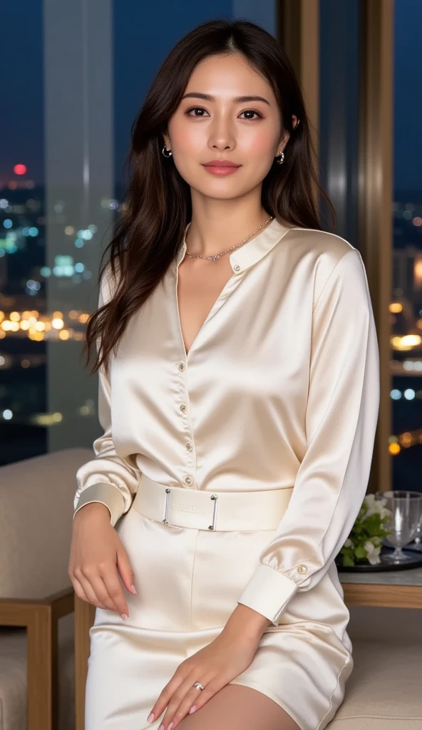 Half-length glamour portrait, nikon D850, f1.6 lens, 200mm, DSLR, 22 Megapixels, (((Sunny terrace overlooking the city rooftops scene))), shot of a stunning 19 years old korean girl, (smile:1.4), (wearing Beige satin blouse and matching wide-leg pants set:1.6), ((seductive pose)), hot girl, (((big natural breasts))), (((black fringe hair))), (small girl), symmetrical face, photorealistic, photography, (bright natural lighting), gorgeous, deep cleavage, (masterpiece), best quality, high resolution, extremely detailed, cinematic lighting, (((very narrow waist))), rich colors, hyper realistic, lifelike texture, ((jewelry)), (((She has beautiful hands and wears rings))), (bracelet), (necklace), (ankle chain), (nail polish) (earrings), Fuji Superia 200, 8k