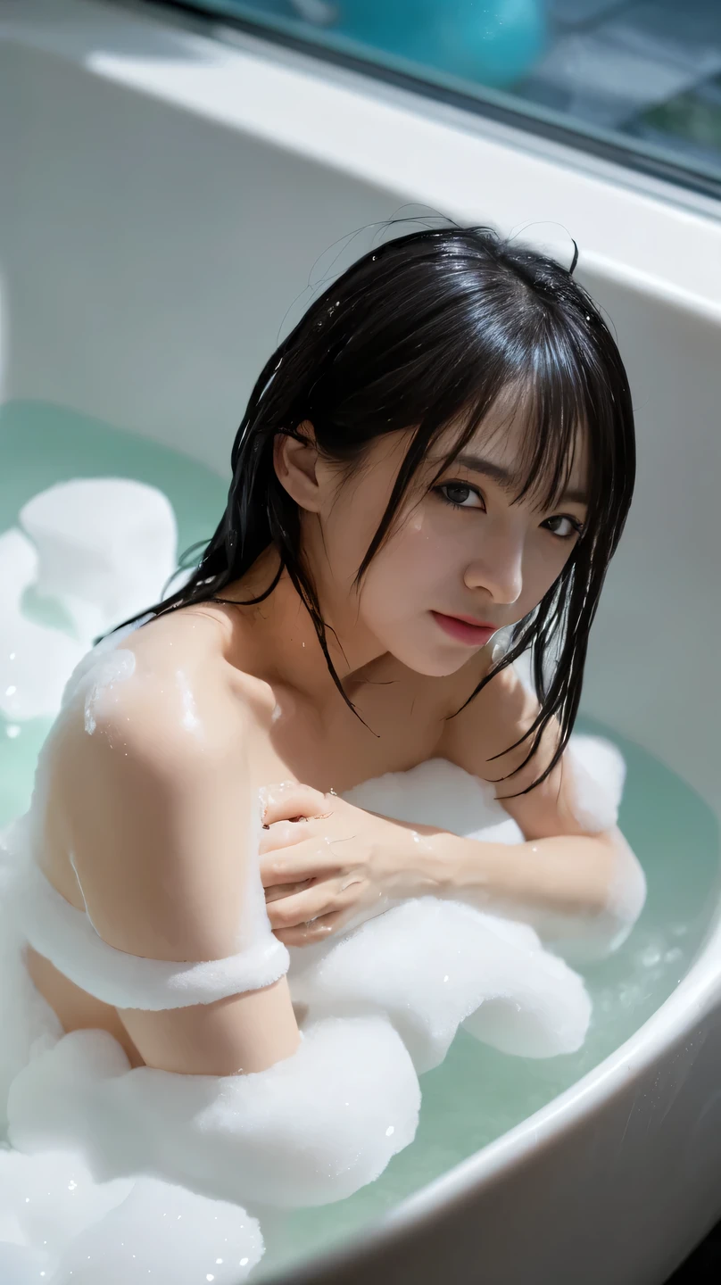 A beautiful girl with black and white hair who has a calm atmosphere is shyly taking a bath.