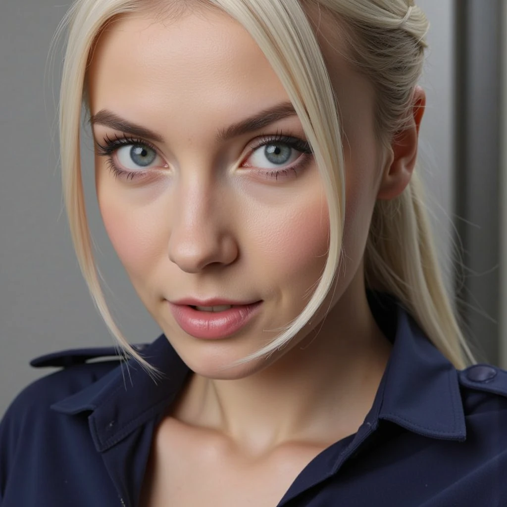 Beautiful and very beautiful and attractive hot sexy police woman wearing her police uniform blonde hair and blue eyes straight hair with penetrating look and red lips black background 