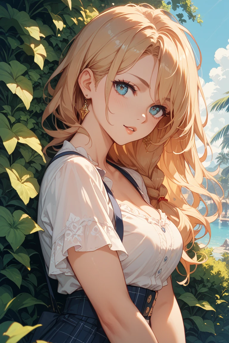 beautiful illustration, cute girl, upper body, blush, surprized, hand on own face, wavy hair, sleeveless, from side, breasts, outdoor, blond hair