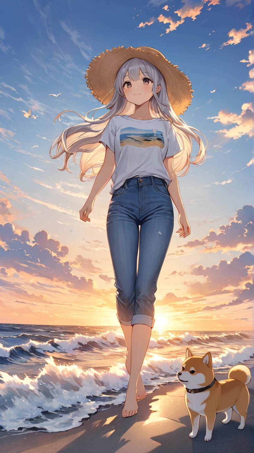 Oriental beautiful girl,sideways,Looking over the shoulder,White transparent real-life painting,Color splash rendering,Facial texture is clear,Silver-white and dark gray highlighted long hair tied into twin ponytails,loose white shirt,Blue distressed denim shorts,Gold-framed glasses,White sand background,messy strokes.Close-up of character( Perfect anatomical structure ) Beautiful and extremely fine texture,detailed, bright, Animation style high definition and high quality presentation