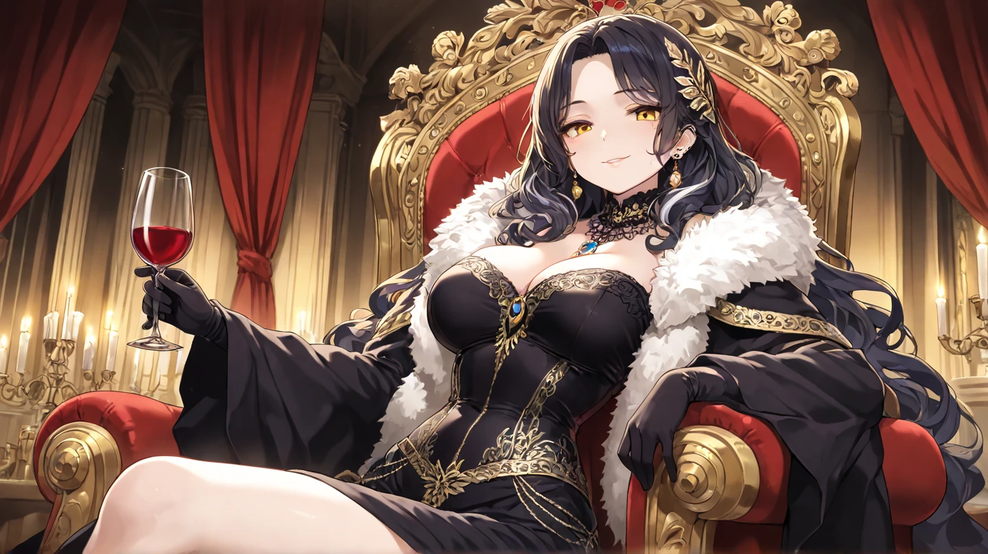 tall woman, curly hair in a black ponytail, yellow eyes, a fur stole, white gloves, actress