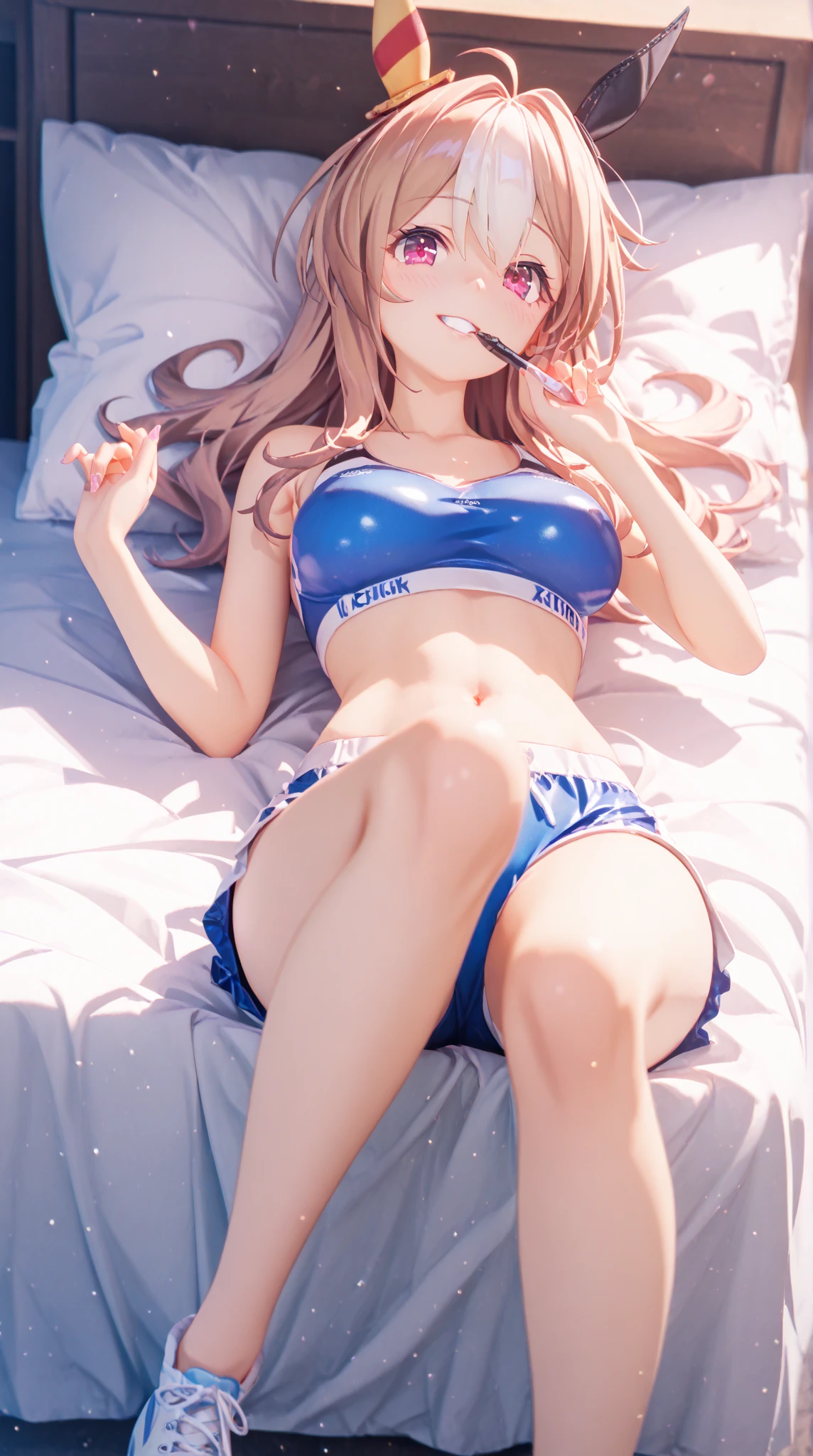 brown hair, blue eyes, ponytail, (white latex short shorts), snapback hat, laying on a bed
