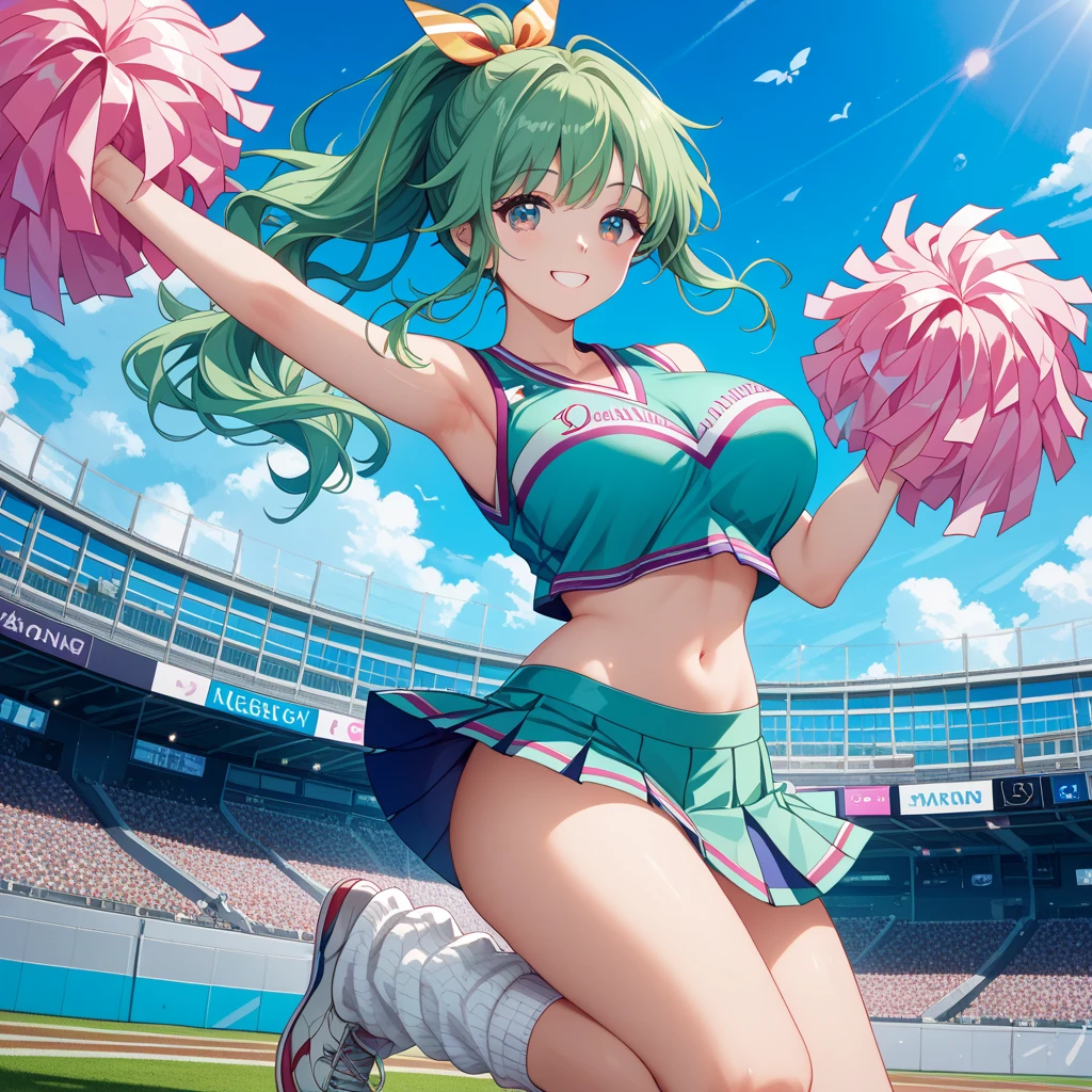 masterpiece, (2girls and 2girls and 2girls and 2girls at the stadium), idol, big eyes, kawaiitech, kawaii, cute, pastel colors, best quality, happy, deep background, symmetrical, tilted head, summer