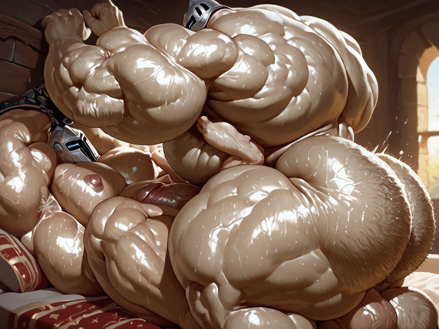 Sex, between two knights, muscular hairy figure, massive dick, huge nipples. humans, beige skin, helmet, arm and shoulder, bed, Beefy sweaty muscles. Thick chubby muscle gut, big pecs, armpits. Super thick, giant ass, huge ass, massive ass, rough sex, semi-realistic, high res, 4k, high quality, background, (((side view)))