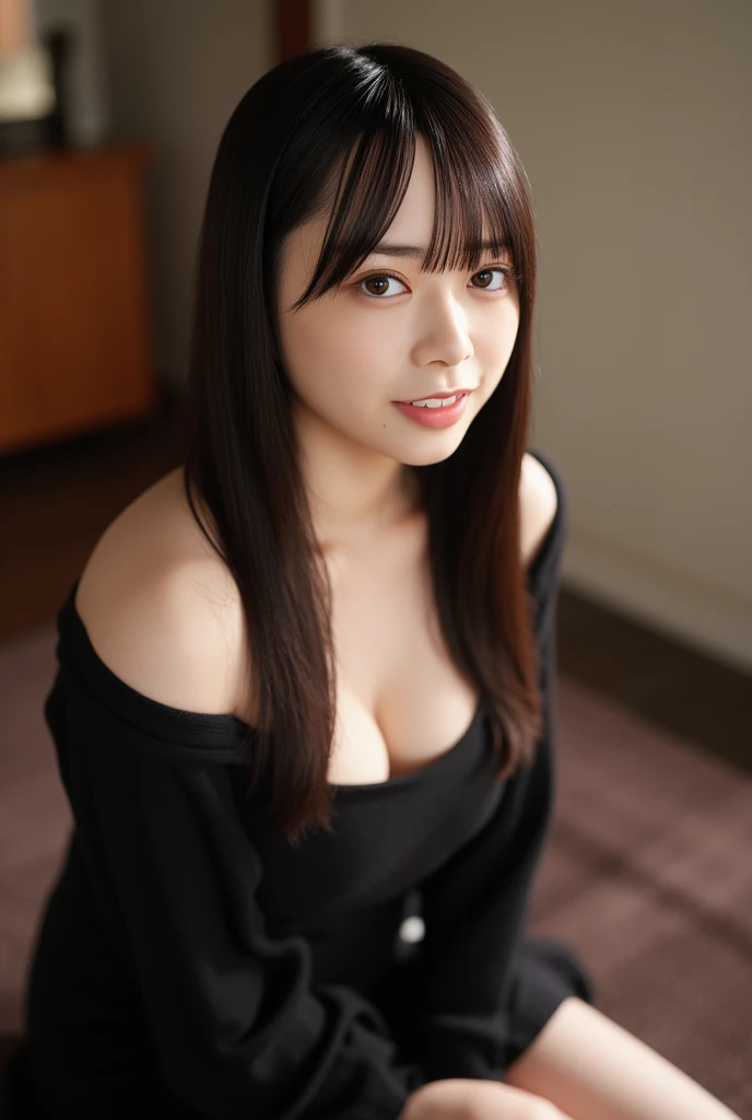 Super detailed、1 girl、realistic skin texture、Long hair up to the waist、smile、stare、 (Erotic 14 year old girl、small face、Extremely beautiful face, natural makeup)(fair skin)(sparkling eyes)beautiful armpits、round beautiful breasts、beautiful cleavage、thin waist、constriction、big ass、sexy black knit dress、mini length、Movie Writing、(((full body shot from above)))Exciting and sensual、inviting pose、Bedroom、Bed、legs spread、Angle up to the knees((((sleep:1))))
