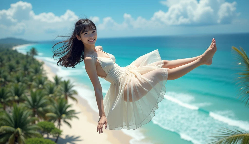 (RAW Photos:1.2), (Realistic:1.4),Beautiful detailed woman,非常にfine grainと顔, fine grain, Very detailed,High resolution, Very detailed,highest quality,Unified,8k wallpaper,masterpiece,highest quality,1 female,alone,rich,Whole Body Ezbian,（A little thick:0.9),Toned figure,,Tight waist,alone,（Pink one piece suit,mini skirt,High heels）,Jewelry Necklace,Medium Long Hair,Spreading his arms and legs and jumping high:1.5、A kind smile,Realistic,On the Plateau