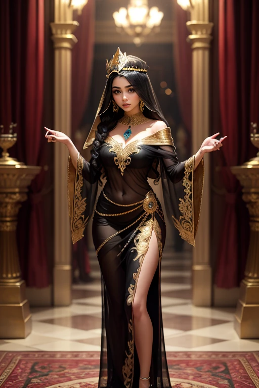 A 25 year old princess with black ebony hair,Deep emerald eyes Pale and immaculate complexion Haughty stature Royal attire Highlighting elegance:Meaningful Jewelry Determined and Kind Expression