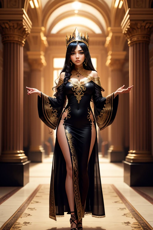 With an enchanting aura, the goddess Hecate stands tall, holding a torch in her hand. Three sleek black dogs prudently encircle her, while two graceful serpents gracefully coil at her feet. This remarkable image, painted in vivid hues, beautifully captures the mythical deity's ethereal presence. Every intricate detail is meticulously depicted with exquisite craftsmanship, showcasing the artist's mastery and ensuring a visually captivating experience.