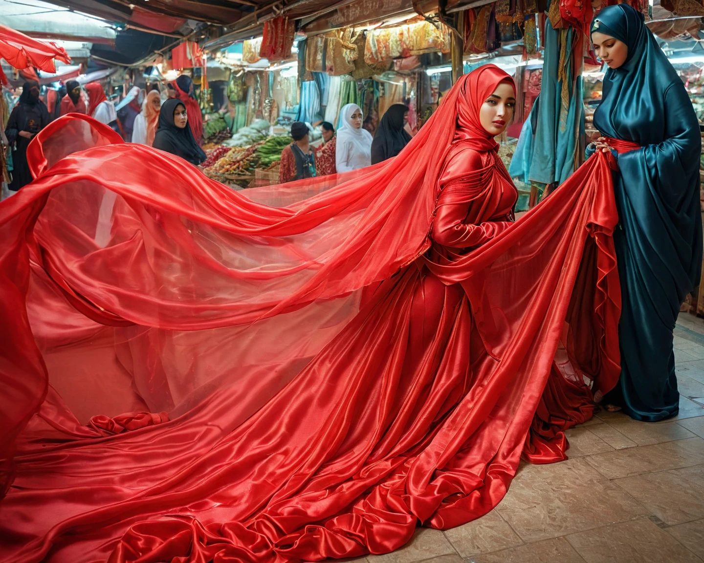 A woman shrouded in a 4-meter-long, plush red satin cloth, tightly bound and grandly draping along the form of her body, flowing off into a pooled floor-length train, styled in a mermaid-inspired outfit, her head modestly veiled in a satin hijab, tall woman, walking in market, a full-body pose posing in front of people, captured in a 4k resolution, ultra-realistic