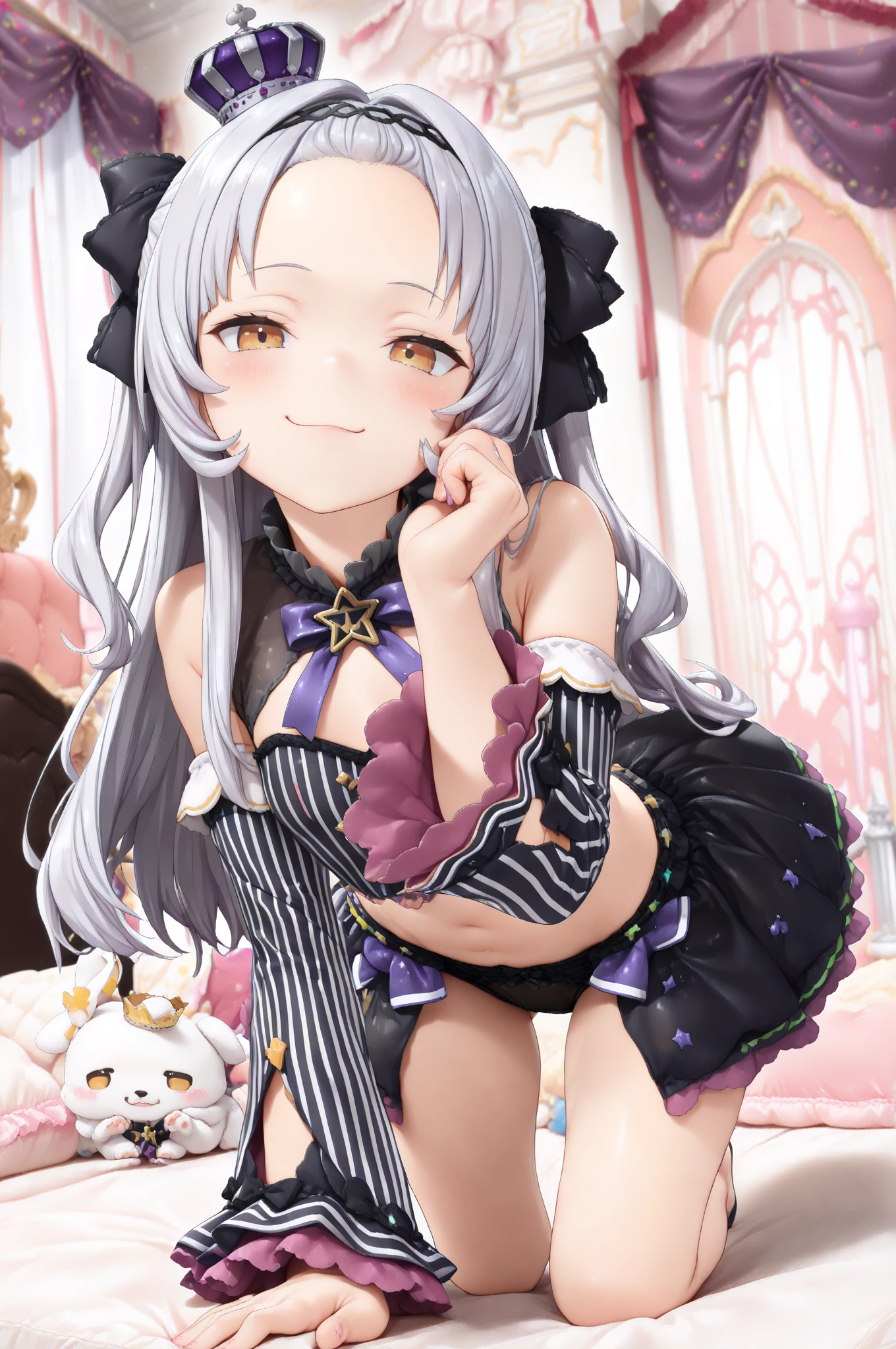((nsfw:1.3)),((side tie panties:1.3)),((looking pussy panties:1.3)),((high quality pussy:1.3)),(open chest:1.3),((very flat chest :1.3)),((open design skirt:1.3)),((garter)),highest quality, masterpiece, long eyelashes, Sparkling輝く目, Dresses with ruffles and ribbons, Eat cake in a café, Sparkling, Cat ear, flower hair ornament,