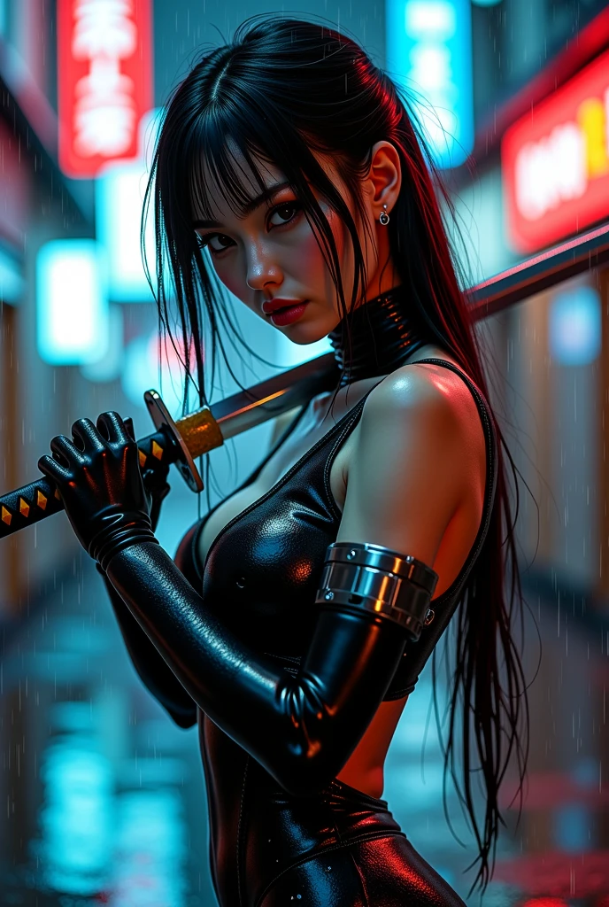 Masterpiece, extra detailed, pretty girl, busty slim firm body, purple hair, sword