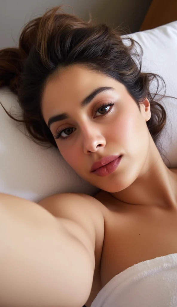 (1 girl:1.2) , (view from above:1.2) , zoom in, whole body,  (encima da cama:1.3) , (open mouth:1.3) , (short hair:1.2) , realistic face, very detailed, (absurdres:1.2) , (facing the camera:1.3) , (beauty) , long eyebrows, bochechas, pele rosada, calmo, iluminado, 8k (bikini:1.2) , (black hair:1.2), (brown eyes:1.2), (wavy hair:1.2), 
