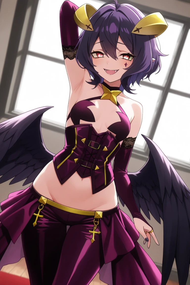 <lora:hiiragi_utenaV2:0.7> utena_wz, short hair, purple hair, ahoge, yellow eyes, +.+, hair between eyes, yellow demon horns, pasties, star pasties, puffy sleeves, bridal gauntlets, purple bridal gauntlets, navel, (lowleg pants, purple pants), demon wings, breastless clothes, corset, white showgirl skirt, long showgirl skirt, 1girl, solo, masterpiece, best quality, ultra-detailed, beautiful detailed eyes, extremely detailed eyes, extremely detailed face, beautiful detailed girl, extremely detailed eyes and face, beautiful detailed nose, beautiful detailed eyes, extremely detailed, ultra high resolution, slender body, beautiful detailed hair, extremely detailed hair, tiny nose, perfect proportions, natural lighting, natural shades, extremely detailed background, well proportioned legs, well proportioned thigh, extremely detailed lips, extremely detailed clothes, natural lighting, natural shades, best quality, highres, intricate details, looking at viewer, cowboy shot, grin, evil grin, fangs, (from below), outdoor, city park, arms up, hands behind head, teenager, young, <lora:add_detail:0.25>, (sitting with open legs),