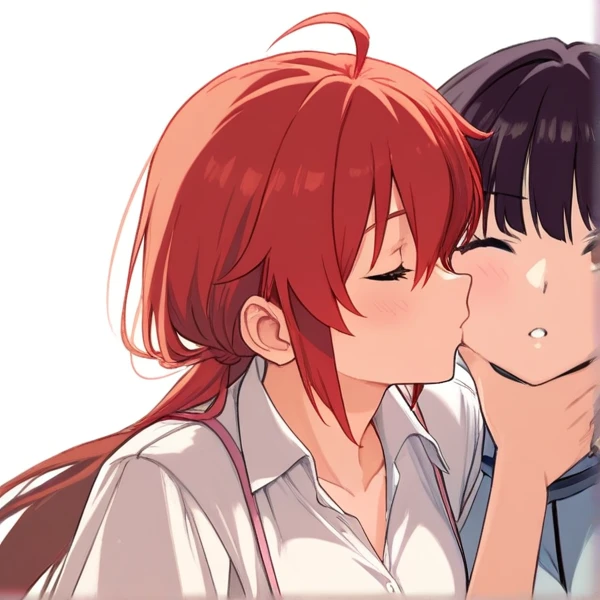 Maki nishikino,love live,highres,red hair , purple eyes,blush ,2girls ,after kiss, , bandaid on hand, yazawa nico, blood ,blood from mouth ,eye contact , hand on another's face ,looking at another , otonokizaka  ,simple background, tongue, tongue out , upper body ,white background , yuri, spitting 