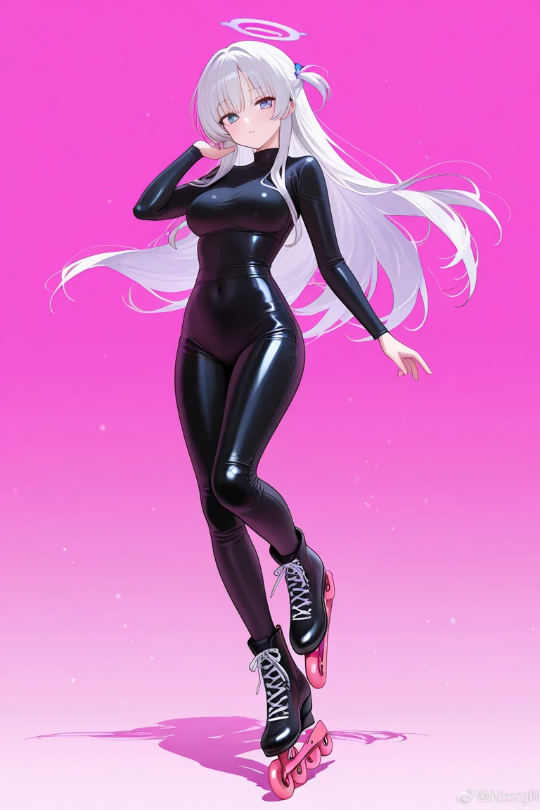 (back view),(pink clothing), Cute 18 yo (albino:1.4)woman of Slavic descent.(short:1.1), , long white hair, gray eyes, ((very pale:1.4)). Innocent look. Gentle spirit.(virgin), (joy),(laughter:1.1). (Playful:1.2). Mascara, eyeglasses, necklace, jacket, blouse, pencil skirt, (black pantyhose), boots,