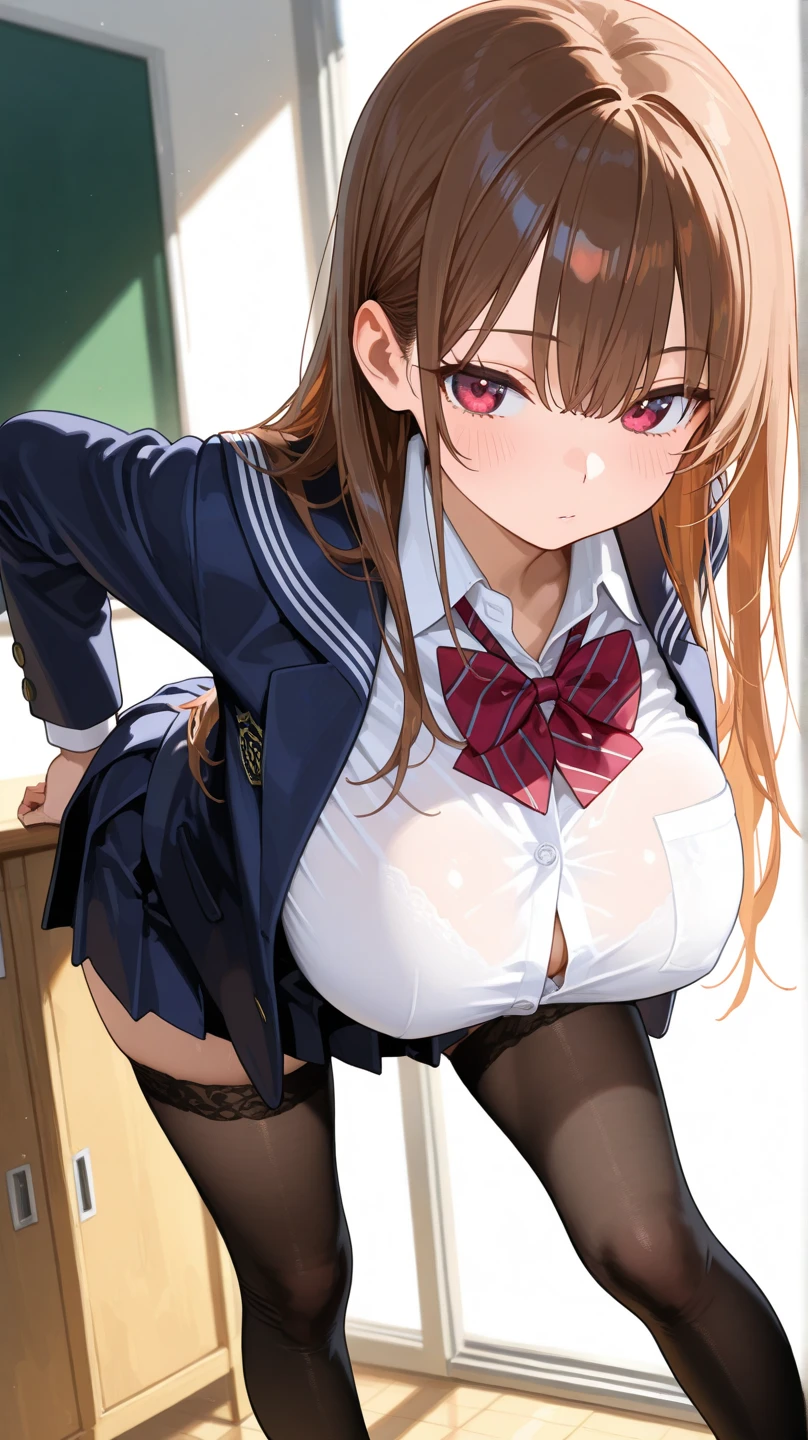 (nsfw:1.5),((table top, highest quality, High resolution, nffsw, perfect pixel, 4k, nffsw, nffsw))), 1 girl, single, alone, beautiful woman、I could see the whole body、 ((middle wave hair, bangs, brown hair)), ((brown eyes, beautiful eyelashes, realistic eyes)), ((detailed face, blush:1.2)), ((smooth texture:0.75, realistic texture:0.65, realistic:1.1, Anime CG style)), medium breasts, dynamic angle, perfect body, ((red bow tie, , black jacket, open jacket, brown cardigan, white shirt, black skirt, plaid skirt)), city stairs、Looking up from the bottom of the stairs、Very embarrassing panic face, looked back、lean forward、(The wind flipped my skirt and exposed my butt.........................、touch your butt with both hands、Random color floral lace panties)、(sexual fluid overflowing:1.2)、Ahe face with open mouth、The strong man behind him moves violently.:1.2、intense hip swing(vagina、SEX in、from below、woman on top:1.2)、huge breasts、wide hips、Braid:1.2