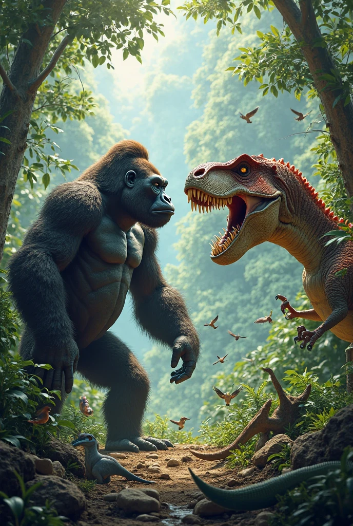 /imagine a big monkey angry mood in front of the dinosaur at the jungle