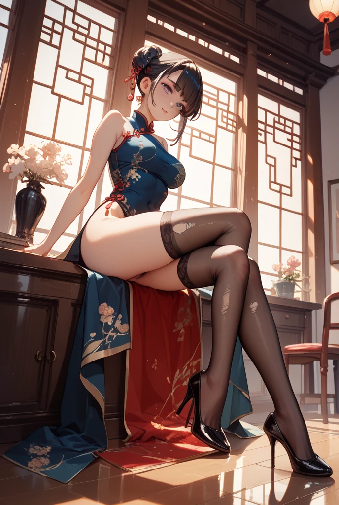Masterpiece, Superb Product, 1 Woman, Blue Clothes, Blue Cheongsam, Full Body Photo, Antique Chinese, White Cloth Bun Bun, Black Hair, Leaky Shoulders, Large Chest, Long Legs, Smile, Black Pantyhose, No Panties, Pale Pink Lips, Embroidered Clothes, Open, No Panties, No Panties, High Heels, Leaky Cleavage