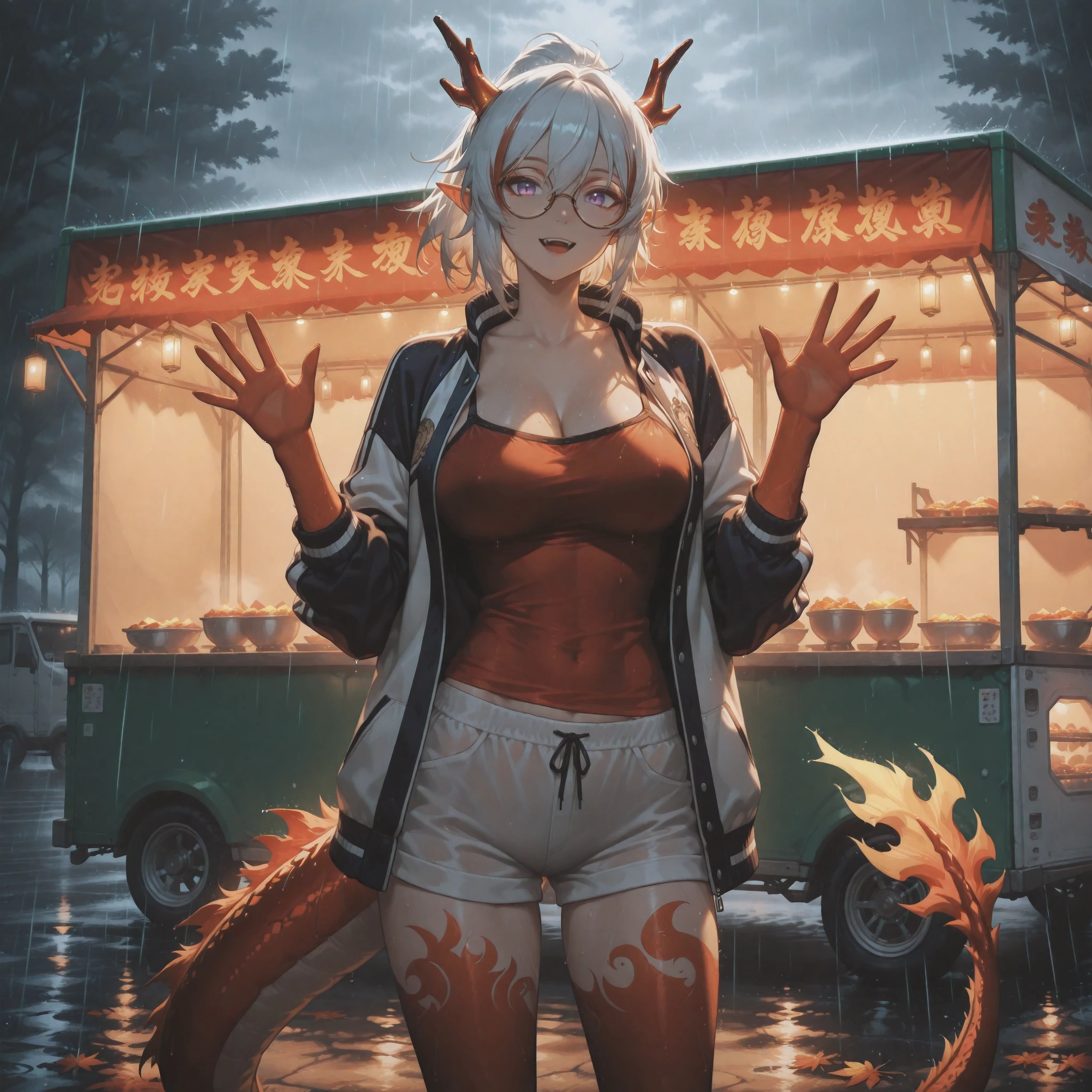 (NSFW:1.1), A Realistic image, extremely sharp focus, crisp details, high resolution, low light, low contrast, fashion photography, 4K, 8K. (correct anatomy and detailed hand). A wide angle shot, front view, a detailed, high quality rendering of arknian. She wears beautiful, detailed round eyeglasses, she wears a camisole, varsity jacket and shorts. She has a beautiful large breasts. She has a beautiful face details, a beautiful detailed purple eyes, streaked hair, white hair, ponytail, dragon horns, dragon tail, pointy ears, detailed hands, five fingers and a real human skin, her expression is happy and she looks at the viewer. She's standing in front of a food truck. Rain, autumn, dramatic cold soft light casting soft natural shadows, cold and warm color pallete. the background has highest detail, detailed background and depth of field.