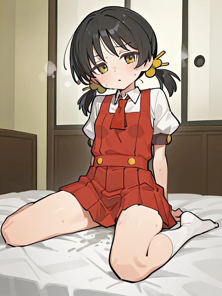 simple background, 黄colorの背景, 黄colorのテーマ,
walk,
,shirt, short sleeve,red dress,red tie,plump sleeves,
 mary janes,white legwear,shoes下,knee high,
Backpack,red school bag ,A red wallet is on the back,shoes,
short twin tails,black hair, hair bobble, hair ornaments, retention strap,
1 girl, 18-year-old,young woman,beautiful指,beautiful長い脚,beautiful体,beautiful鼻,beautifulキャラクターデザイン, perfect eyes, perfect face,
looking at the viewer, in the center of the image,
NSFW,official art,Highly detailed CG Unity 8K wallpaper, perfect lighting,colorful, bright_front_face_lit,
(masterpiece:1.0),(Highest_quality:1.0), 超High resolution,4k,Super detailed,
photo shoot, 8K, HDR, High resolution, disorganized:1.2, kodak portrait 400, film grain, blurred background, Bokeh:1.2, Lens flare, (lively_color:1.2)
(beautiful_face:1.5),(narrow_waist),1girl,masterpiece, expensive quality, very_expensive_solve, big_file size, full color,(completely nude:1.2),pussy,niplles,(vaginal sex:1.2),(toddler:1.6),(chibi:1.3),(flat chest:1.5),