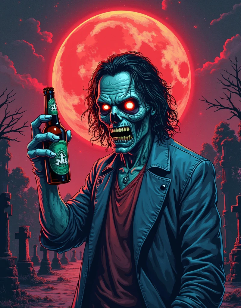 a zombie holding a beer bottle in a graveyard, detailed face and hands, one red super moon in the background, 80s inspired, vector t-shirt design, digital art, dynamic composition, neon colors, vibrant, glowing eyes, detailed skin and clothing textures, gritty and moody atmosphere, stylized and surreal, bold graphic elements, retro futuristic