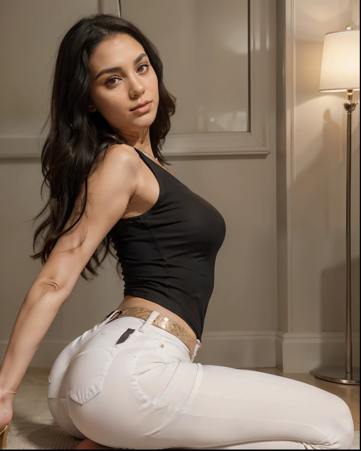 (((Tiffany Chase))), ((20 years old)), very long wavy black hair, Huge Hoop Earrings, wearing tight white low rise jeans with(((wide belt made from Bullets))), (((Bandolier of bullets))), Tank top with open leather jacket, tall black boots, sitting slumped down in a chair ((shot from below)), (((Legs spread))), super detailed jeans, strong thick thighs, (head turned to side in profile), eyes closed, Mouth Open, sleeping, unconscious, fainted, 8k ultra high resolution, ultra realistic, photo quality, perfect features, extra sharp focus,