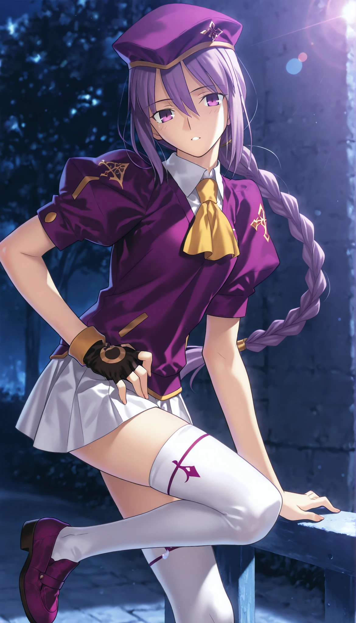 masterpiece, , absurdres, highres, detailed background, high resolution, masterpiece, necessary, detail, best quality, quality, necessary, details, High details, Precise, dark, outdoors, (many blue square), lens flare, blurry background, from side ,
1girl, Takeuchi Takashi (type-moon,tsukihime) style, takeuchi takashi style, (aged up), (standing on one leg), leaning forward,
girl, (slender body, slim arms, slim bod), (Sion) Eltnum (Atlasia) ,sion eltnam atlasia,(fate), purple hair , purple eyes, half-closed eyes, tsurime, hair between eyes ,long bang, long hair , braided hair , braided ponytail , yellow ribbon , EltnumOutfit ,small breasts, light purple sweater ,Juliet sleeve sweater , collared undershirt , white undershirt , undershirt , yellow ascot ,(short sleeve), , white skirt , miniskirt , gold trim , white thighhighs , single glove , fingerless glove , black glove , dark purple beret , ,((head tilt)), looking at viewer,(small breasts),