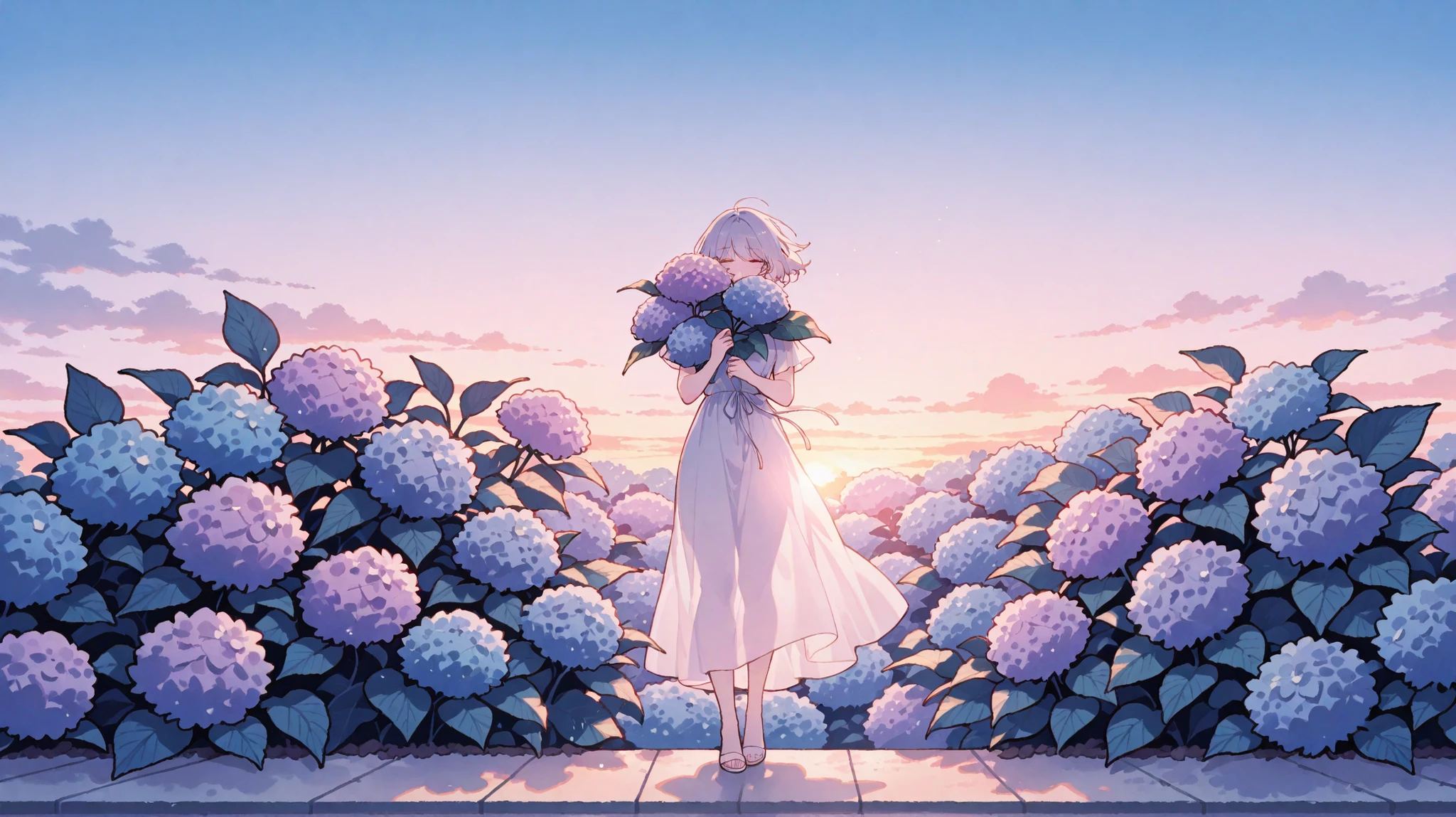 masterpiece,best quality,fullbody shot,front view,wide shot,Woman standing in front of hydrangea, Withered hydrangea,small hydrangea on palm,twilight,アニメ風、高精細
