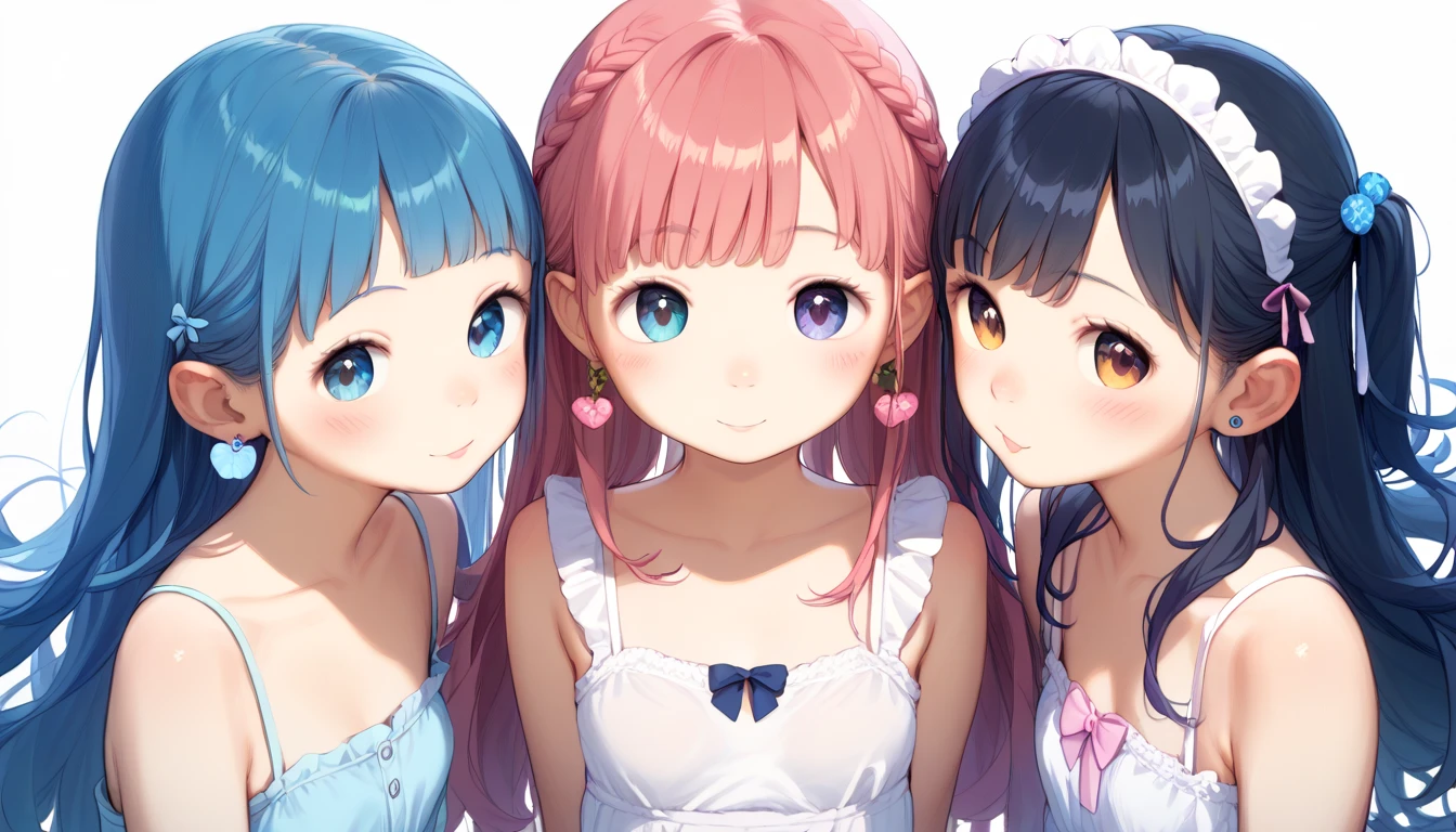 Modern city,Fluffy hair,Light blue hair,Blonde,Light pink hair,Headband,Braid,Autumn outfit,Short clothing that shows the buttocks,The sleeves of the dress are a little long,I can see a little cleavage,Moe sleeves,Date,Several people hugging each other,Embrace,watching each others eyes,Facing each other,blush with embarrassment,Happy expression,Hand in hand,Arms crossed,Flirting with a close-knit body