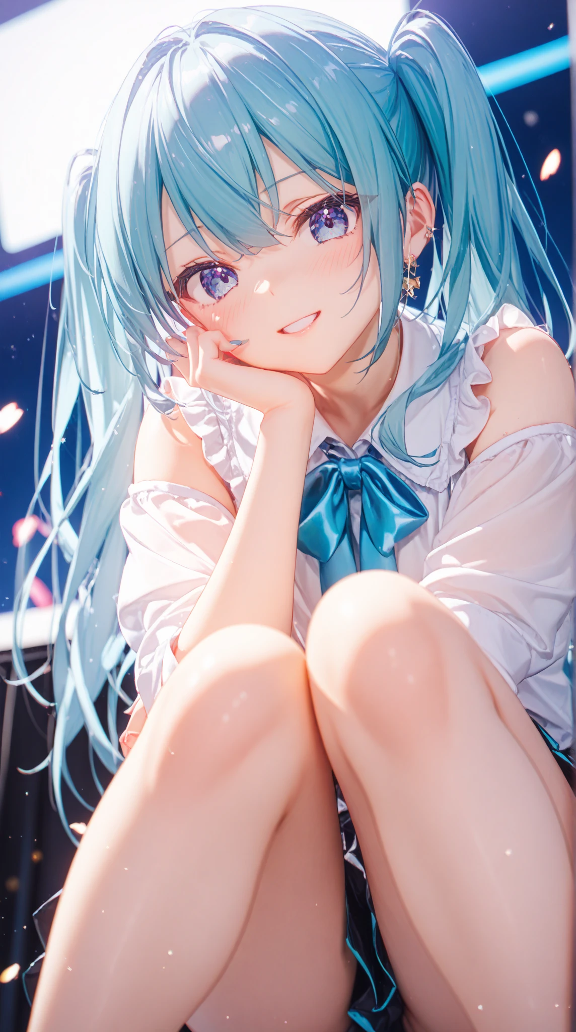 ((8k, Highest quality, masterpiece: 1.3)),Ultra-high resolution,(1 girl, alone), (Color changing eyes, Ultra-detailed, Expressive brilliance, Glitter, Glowing Eyes), Highly detailed eyes, Highly detailed face, Random Hair, ((pastel colour))A playful young woman with pastel aqua hair styled into loose, cascading curls, positioned on all fours like an energetic puppy on the fluffy rug in her bedroom during a bright morning. She is wearing a sky blue bikini with playful ruffles that bounce with her movements, adding to her youthful charm. The camera captures her from a low, frontal angle, emphasizing her cheerful expression as she playfully sticks her tongue out and wiggles her hips. The morning sunlight fills the room, creating a lively and joyous atmosphere that perfectly complements her fun-loving and carefree attitude.