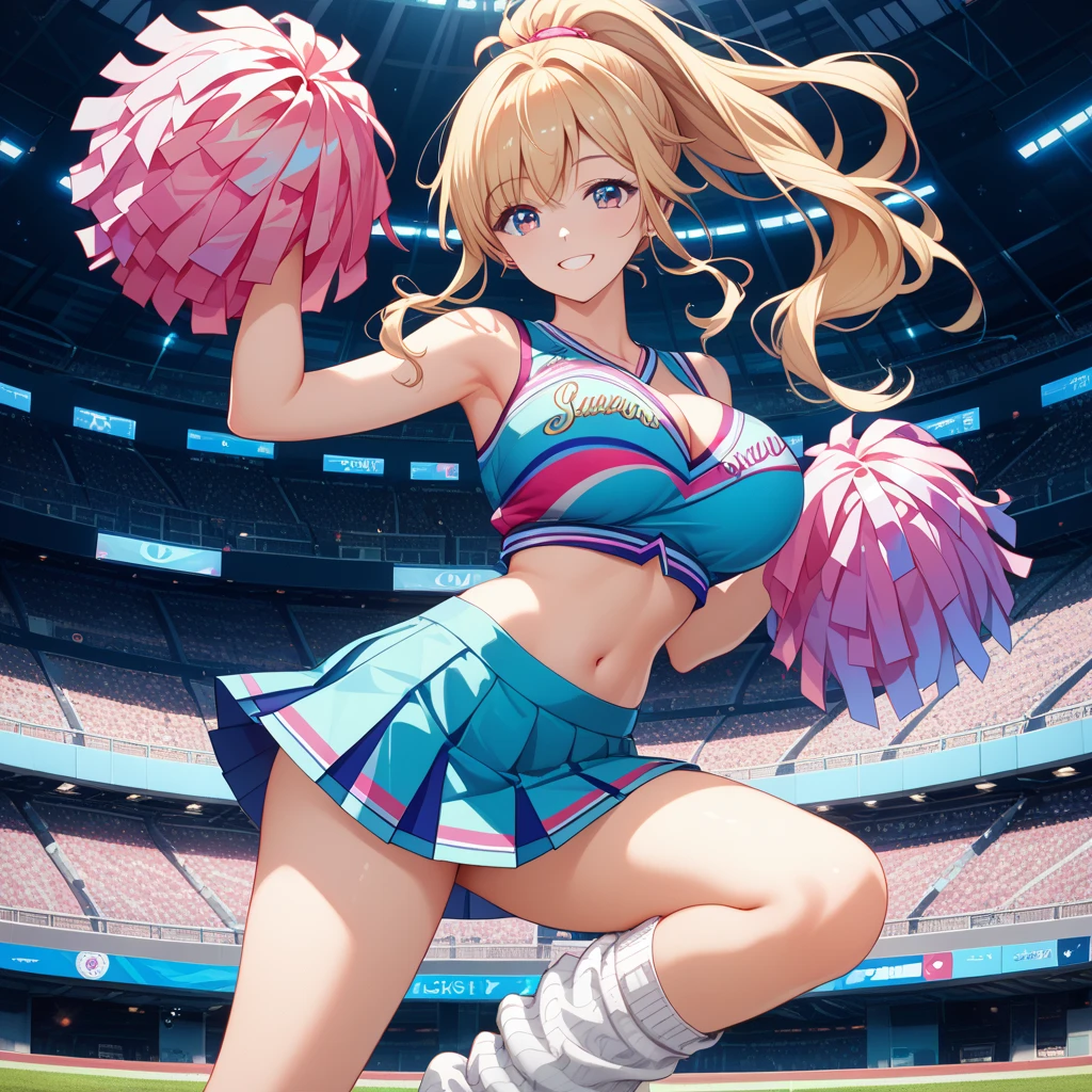 1lady solo, cheering, dancing, (dynamic posing), cheerleader (stylish outfit), mature female, /(beige hair/) bangs, blush brightly smile, open mouth, (teeth:0.8), (masterpiece best quality:1.2) delicate illustration ultra-detailed, large breasts BREAK (holding pom-pom) BREAK /(baseball stadium) grass, outdoors, audience