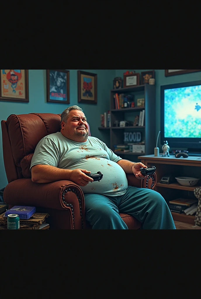 In a dim, cluttered room overflowing with fast food wrappers and greasy takeout containers, Ashley Graham stands triumphantly over Leon S. Kennedy. Ashley’s athletic figure, with her short, wild blonde hair, exudes dominance. Her blue eyes gleam with sadistic pleasure as she gazes down at Leon, who now slumps pitifully in a chair beneath her.
Leon, once a proud hero, has become grotesquely bloated, his body engulfed by layers of flab. His once-muscular frame is now an enormous, shapeless mass of soft, quivering flesh. His stomach, in particular, has grown into a massive, bulbous mound that spills over his lap, its softness reminiscent of Morph. It sags heavily, a symbol of his complete physical and mental degradation. His limbs, thick and swollen, appear small compared to his immense, wobbling belly.
Ashley’s face is alight with cruel joy as she laughs, her voice dripping with mockery. Her fingers sink into the doughy rolls of fat that cover Leon’s torso. She squeezes the soft, flabby flesh, delighting in how it yields beneath her grip, her piercing laughter echoing in the room.
Leon, clean-shaven but utterly defeated, sobs uncontrollably. His once-handsome features are now marred by sadness, humiliation, and the weight of his own bloated face. His cheeks, swollen and flushed, are wet with tears that trickle down and mix with the stains of greasy food splattered across his ill-fitting clothes. His tearful, pleading blue eyes now dart to a framed photo on the wall—a cruel reminder of his former self. In the photo, he stands tall, muscular, and confident, his RPD uniform crisp beside Ashley, who was once nowhere near the dominant force she has become.
The contrast is brutal—Leon, once commanding attention, is now a pitiful, broken figure at Ashley’s mercy. Harsh lighting casts unforgiving shadows, emphasizing every humiliating detail—the chaotic mess, the grotesque rolls of fat, the smirk on Ashley’s lips, and the tears streaming down Leon’s face. He sobs, humiliate
