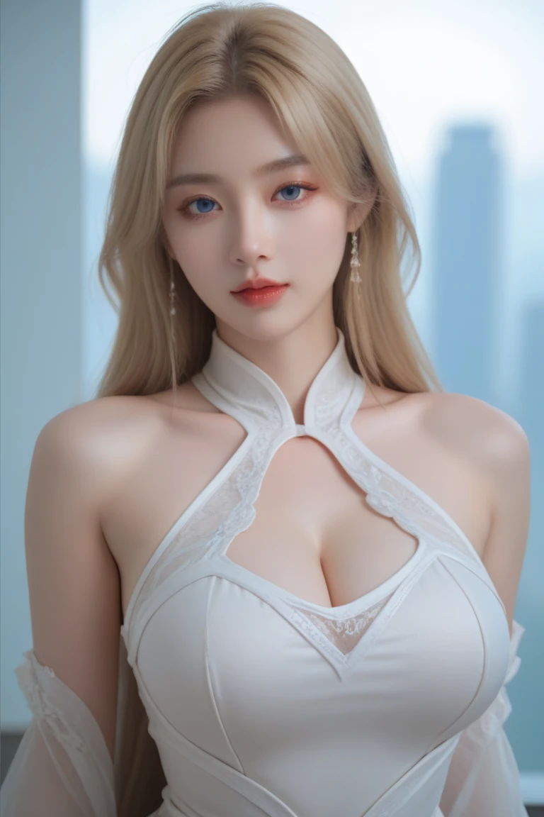 best qualtiy,超高分辨率,1girll,lacepantyhose,adolable,(Kpop idol),(aegyo sal:1),(Platinum blonde hair:1),((puffy eye)),On your stomach,ass to camera,body facing backwards,Large breasts