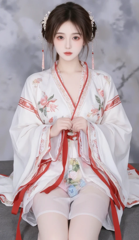 A woman in a white dress is sitting on the floor，White Hanfu，palace，Girl wearing Hanfu，Hanfu，Dressed in ancient Chinese costumes，Gurwitz，Ethereal Beauty，Guttweiz-style artwork，Beautiful fantasy queen，Chinese traditional clothing，Chinese clothing，Chinese traditional，Light milky white porcelain skin，Ordinary girl&#39;s bare feet and hands，Sexy