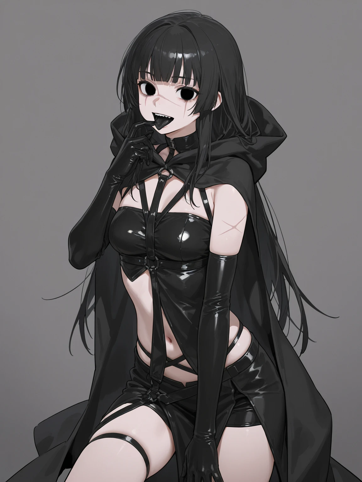 Raise a black adult woman, flat hair, wearing dress, menacing look, superior posture