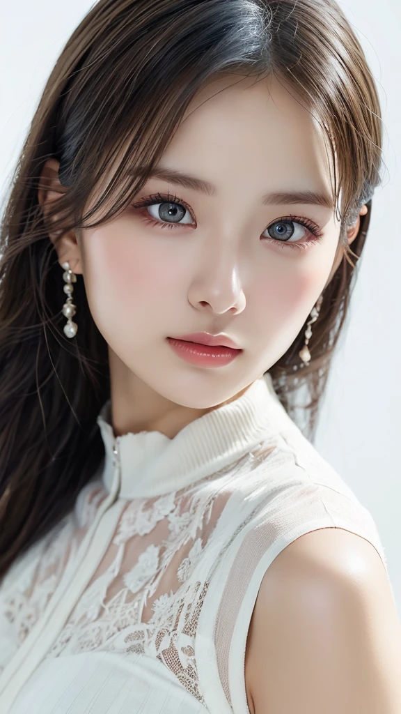 (Highest quality, masterpiece), One girl, beautiful girl, brown_eye, ((hair color [Silver hair], [前hairありのピクシーカット] hair)), Earrings, lips, Short sleeve,Realistic, Tight waist, Charm, Colorful Makeup, Long eyelashes, Fair skin, (cute), (Detailed face), 詳細ed eye, Detailed iris, 