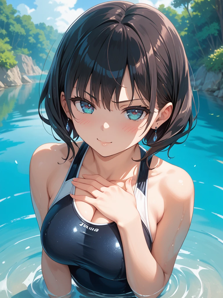 1 girl, watery big eyes*Su Jiushui*Wet hair*hair open*ear studs*swimmingpool>,, Low RA:Add to_the detail:1,one piece swimsuit
