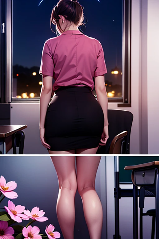 2 classmates having sex, female had long wavy dark hair with bangs, skimpy sailor style uniform bending over her desk with her dheer high gloss pantyhose pulled down below her buttocks to have doggie style sex,, wearing an open blouse, pleated mini skirt that is pulled up, and ultra sheer high gloss pantyhose that are pulled down below her ass cheeks, closed mouth smile, intricate face detail, long eye lashes, defined cheek bones, UHD, photorealistic, blackboard in background
