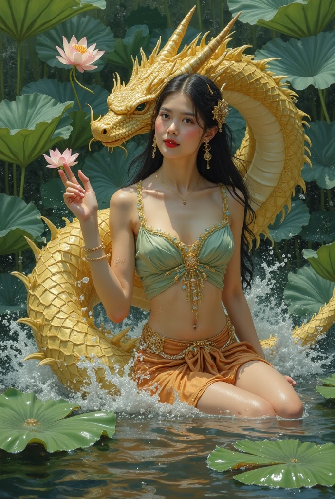 highest quality、masterpiece、超A high resolution、16K photos、(Yellow Dragon Armor)、(((big breasts)))、(((a large flower ornament))),(((Micro bikini with attention to detail))),(wears a beautiful crown made of precious stones),(Photoreal:1.4)、RAW photo、1 girl、(((random hair))、(((take various poses)))、glowing skin、(((white dragon)))、intricate and gorgeous hair ornaments、(Looks like a gorgeous jewelry necklace)、(whole body angle)、(fight big dragonet bikini)、((beautiful sea background)),(beautiful sea background)、((Super realistic details))、Portrait、global illumination、(sexy pose)、Shadow、octane rendering、16K、big breasts、Raw skin exposed in the cleavage、Metal、intricate decorative details、Japan details、very intricate details、blue eyes、Eyes shining towards the camera、two stock、(whole body angle)、(veil)、(((heavy big))),((she is wearing a beautiful jeweled bangle.)),