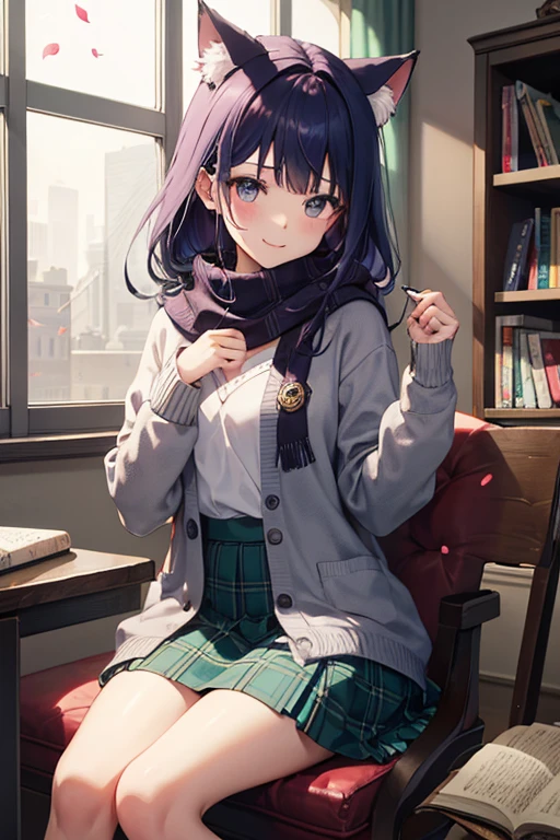 Top animation quality,animation,HD,1080P,solo,(low angle),a woman,close mouth,smile,extremely detailed hair and happy eyes,long hair with swept bang,(One hand touching the face),sitting on the steps,(Scarf, zip up jacket and pleated skirt),trend,pantyhose,standing,Leaning against a stone wall,dark feeling,cool feeling,(Gloomy atmosphere)