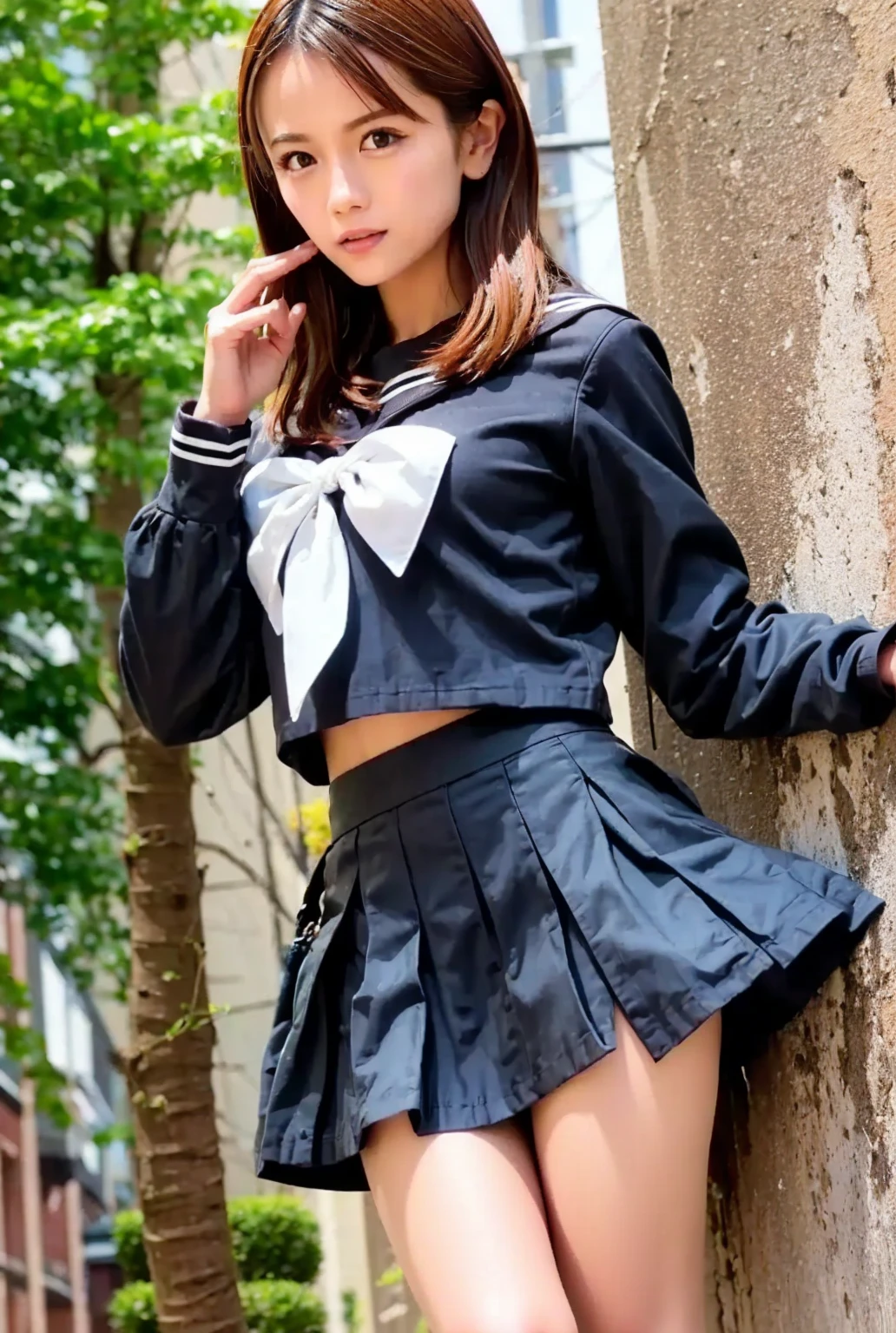 (NSFW), 1womanl, Solo, 24 year old, (cute face), (Ideal ratio body proportions), Modern old cityscape, heavy wind, ((((Super close-up of buttocks)))), (a sailor suit), (long skirt), up skirt, skirt rift, ((The upper body is reliably dressed)), ((The skirt is definitely worn)), Skirt lifted by the wind, Pink Full Back Panties, panties focus, A slightly surprised look, short-hair, Dark hair, small tits, A slender, Small buttocks, Skinny Legs, surrealism, Cinematic lighting, depth of fields, One-person viewpoint, F/1.8, 135 mm, nffsw, masutepiece, ccurate, Anatomically correct, Textured skin, Super Detail, high details, High quality, awardwinning, Best Quality, hight resolution, 8K