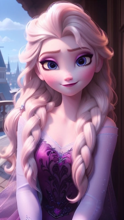 best quality,masterpiece, pretty face,<lora:more_details:0.3>,1girl,elsa,Small breasts, chubby face,makeup,detail face,blush,purple eyeshadow, rose on hair,upper body,<lora:elsa-dalle3:0.7>, looking at viewer,half-through shirt, white dress,