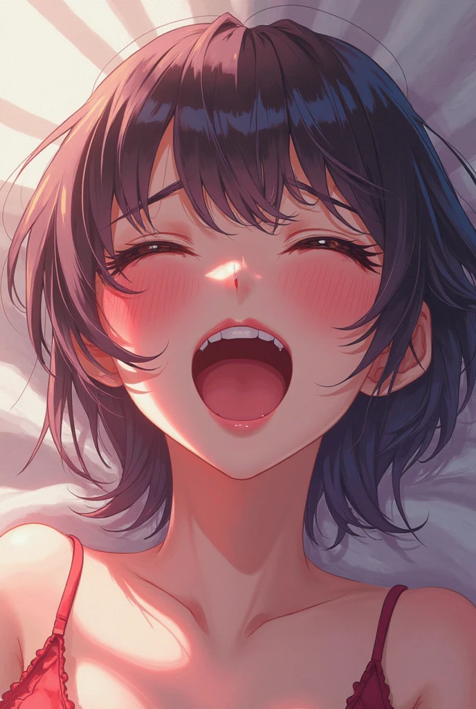 Ahegao, girl with her tongue out, looking up with saliva dripping from her mouth