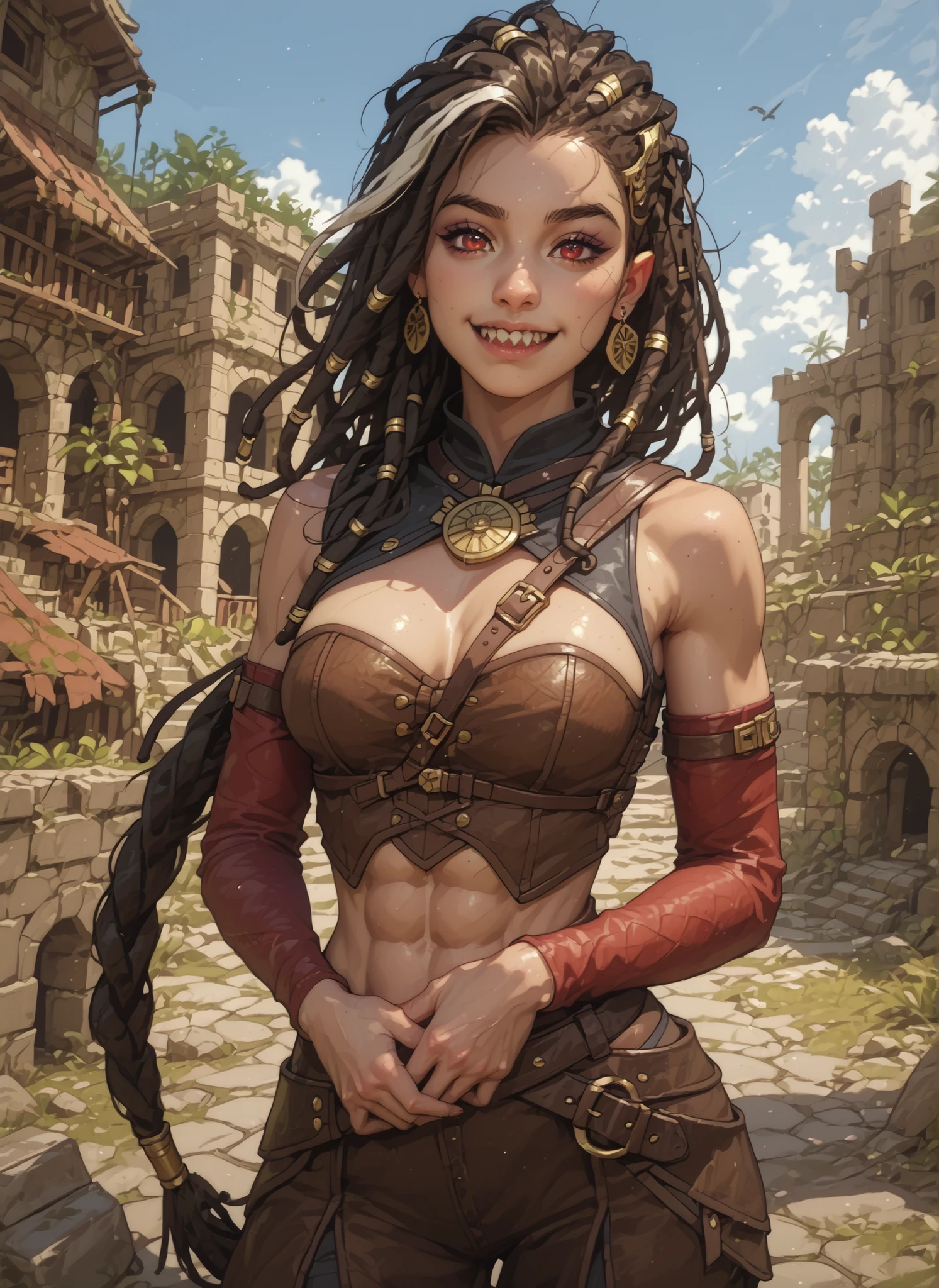 Slender body. White skin. Cute 18-year-old Asian girl with Asian red eyes and sharp teeth and dreadlocks with white highlights. She has a cute and beautiful face. She has a round and young face with a pointy chin. Her body is athletic with abs. She wears medieval an intricate medieval leather clothing with buttons. Background: medieval jungle ruins. Realistic lighting. DnD art-style. Looking at the viewer.
