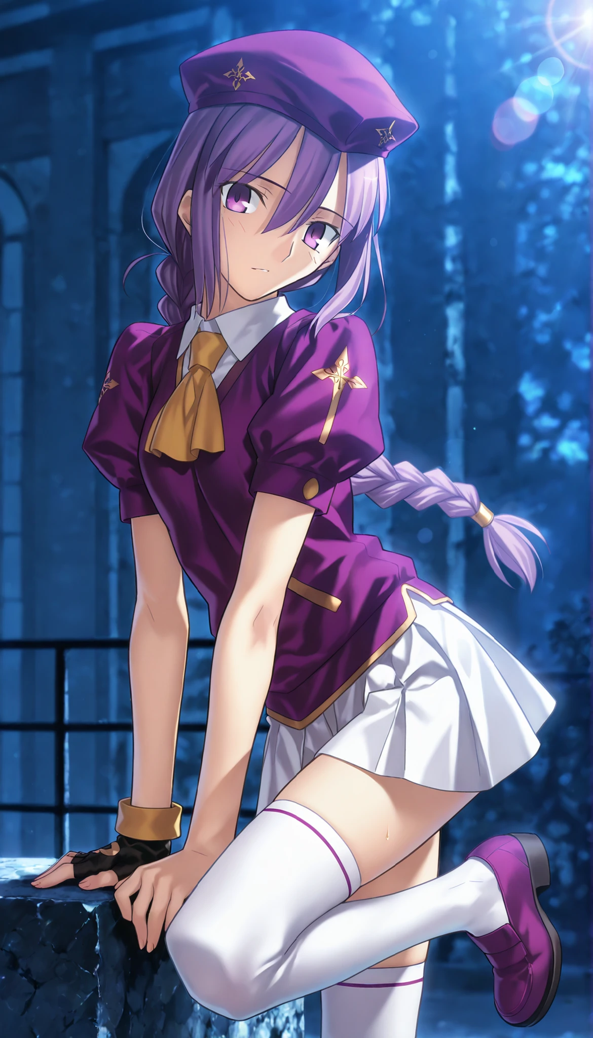 masterpiece, , absurdres, highres, detailed background, high resolution, masterpiece, necessary, detail, best quality, quality, necessary, details, High details, Precise, dark, outdoors, (((many blue square))), lens flare, blurry background, from side ,
1girl, Takeuchi Takashi (type-moon,tsukihime) style, takeuchi takashi style, (aged up), (standing on one leg), leaning forward,
girl, (slender body, slim arms, slim bod), (Sion) Eltnum (Atlasia) ,sion eltnam atlasia,(fate), purple hair , purple eyes, half-closed eyes, tsurime, hair between eyes ,long bang, long hair , braided hair , braided ponytail , yellow ribbon , EltnumOutfit ,small breasts, light purple sweater ,puffy short sleeves, collared undershirt , white undershirt , undershirt , yellow ascot ,(short sleeve), , white skirt , miniskirt , gold trim , white thighhighs , single glove , fingerless glove , black glove , dark purple beret , ,((head tilt)), looking at viewer,(small breasts),