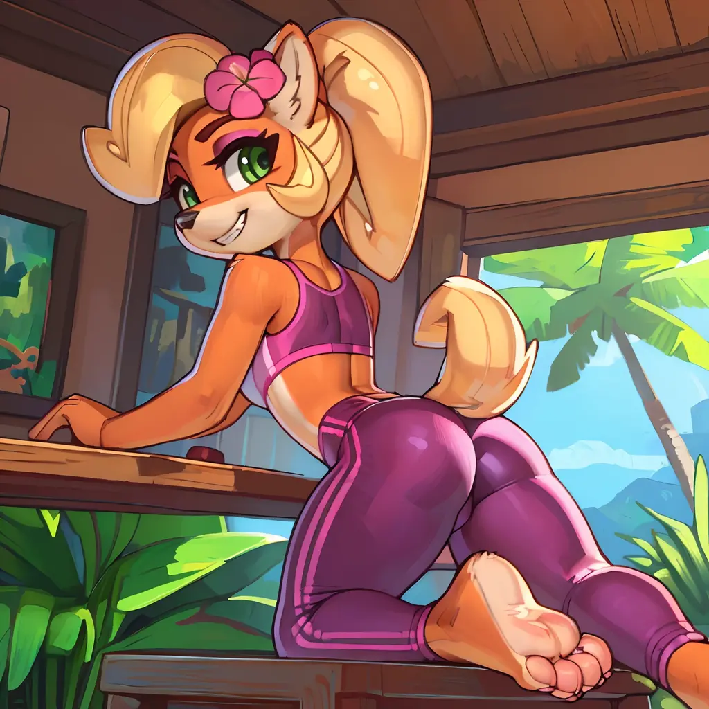 [Coco bandicoot], [Uploaded to e621.net; (Pixelsketcher), (wamudraws)], ((masterpiece)), ((high quality)), ((HD)), ((solo portrait)), ((full body)), ((front view)), ((furry; anthro)), ((detailed fur)), ((detailed shading)), ((beautiful render art)), ((back view)), ((feet visible)), ((intricate details)), {anthro; orange fur, black nose, (cute green eyes), (short eyelashes), (pink eyeshadow), (cute smile), blonde curly hair, curly ponytail, (beautiful feet)}, {(white tank top pink lining), (small boobs), (tight black spandex yoga pants pink lines), (pink flower on head)}, {(standing), (bending over), (looking back)}, [background; (tropical forest), (living room), (yoga mat), (starry sky), (pink smartphone)]