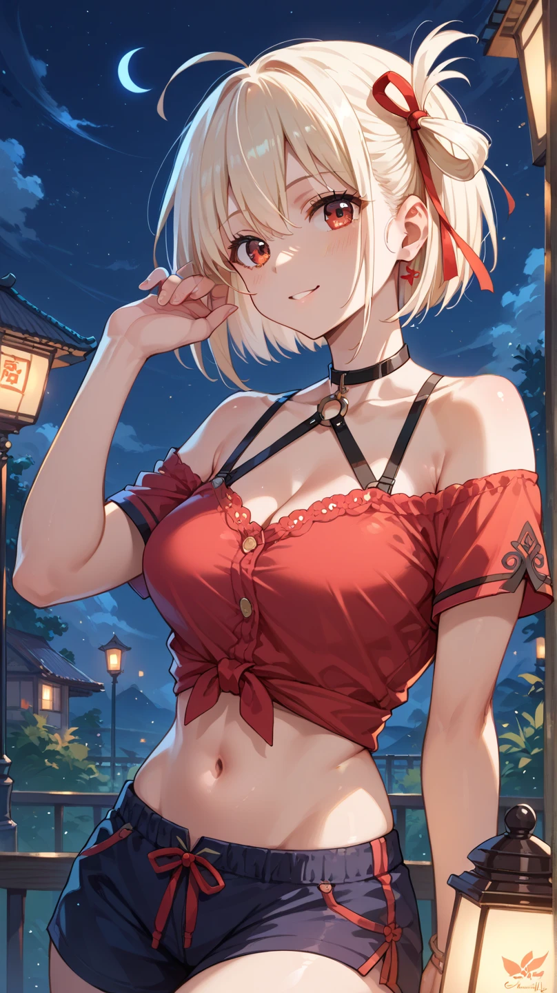 ((chisatonishikigi, short hair, bangs, blonde hair, (red eyes:1.5), hair ribbon, one side up, bob cut, closer look, poitrait)),((big breasts, red bra, red G string)),((smilling face, smilling mouth, teeth, small eyes)),(((masterpiece:1.2), best quality, high resolution, unity 8k wallpaper, (illustration:0.8), (beautiful detailed eyes:1.6), extremely detailed face, perfect lighting, extremely detailed CG, (perfect hands, perfect anatomy))),((outdoors, city, buildings, trees)),((dynamic pose, standing))