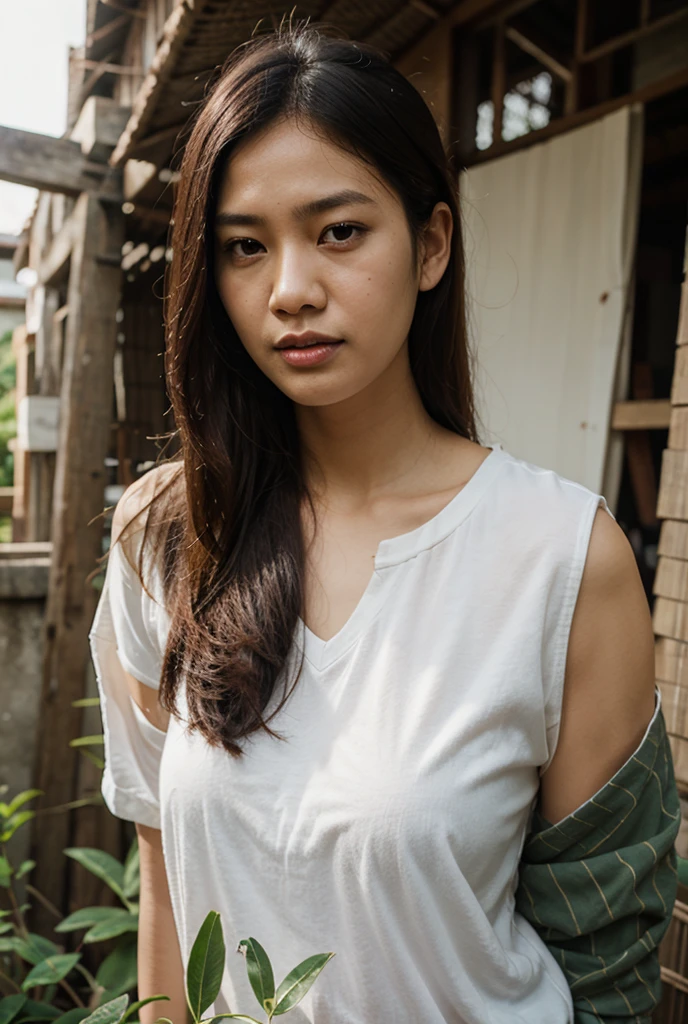 1girl, beautiful detailed female vietcong woman, young, vietnam, southeast asia, southeast asian face, voluptuous, curvaceous, short, thicc, thick thighs, natural, natural lashes, no makeup, glistening sweat, teen, cute face, thin face, tsundere, annoyed face, frowning, tiny nose, small eyes, traditional clothing, shirt collar, buttoned clothes, arafed woman, vietnamese farmer, vietnam harvest, vietnam rural travel, vietnamese woman, traditional vietnam, rural vietnam, in bed, makeshift bed, fields, impoverished, disheveled, farmer, farming, messy thick luscious hair, tied short hair, short hair, traditional hairstyle, cute hairstyle, cute haircut, detailed face, penetrating eyes, beautiful detailed lips, extremely detailed skin, detailed clothing, colorful clothing, (best quality,4k,8k,highres,masterpiece:1.2),ultra-detailed,(realistic,photorealistic,photo-realistic:1.37), natural lighting, warm color tones, cinematic composition